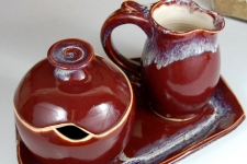Red Creamer And Sugar Set with Tray