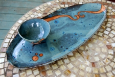Large 21" Bread Platter and Dipping Bowl Set in Slate Blue with Rust Waves - Handmade to Order - Pick up Only