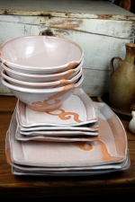 Dinnerware Set of Four Place Settings in Shale with Rust Waves - Handmade to Order - Pick up Only