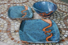Slate Blue with Rust Waves Dinnerware Place Setting - Handmade to Order 