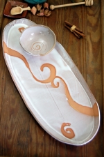 Large 21" Bread Platter and Dipping Bowl Set in Shale with Rust Waves - Handmade to Order - Pick up Only