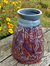 Red Agate and Slate Blue Carved Flower Vase- In Stock and Ready to Ship