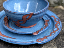 Round Dinnerware Place Setting in Slate Blue with Rust Chain- Handmade to Order - Pick up Only